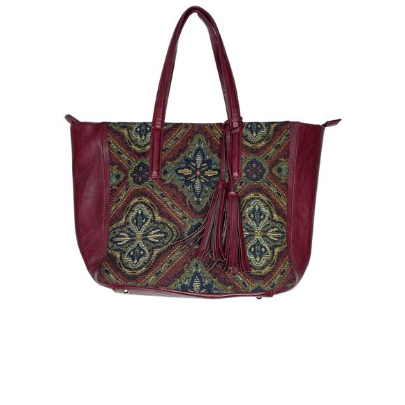 Imoshion Maroon Red Tapestry Faux Leather Top Handle Tassel Bag Purse - Picture 1 of 9